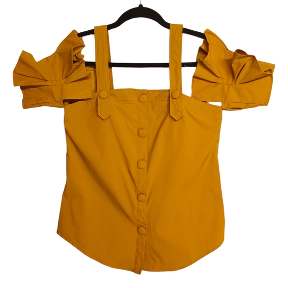 ALPHA & OMEGA Mustard Yellow Button Front Pleated Ruffle Cold Shoulder Top NWT S - Picture 3 of 8